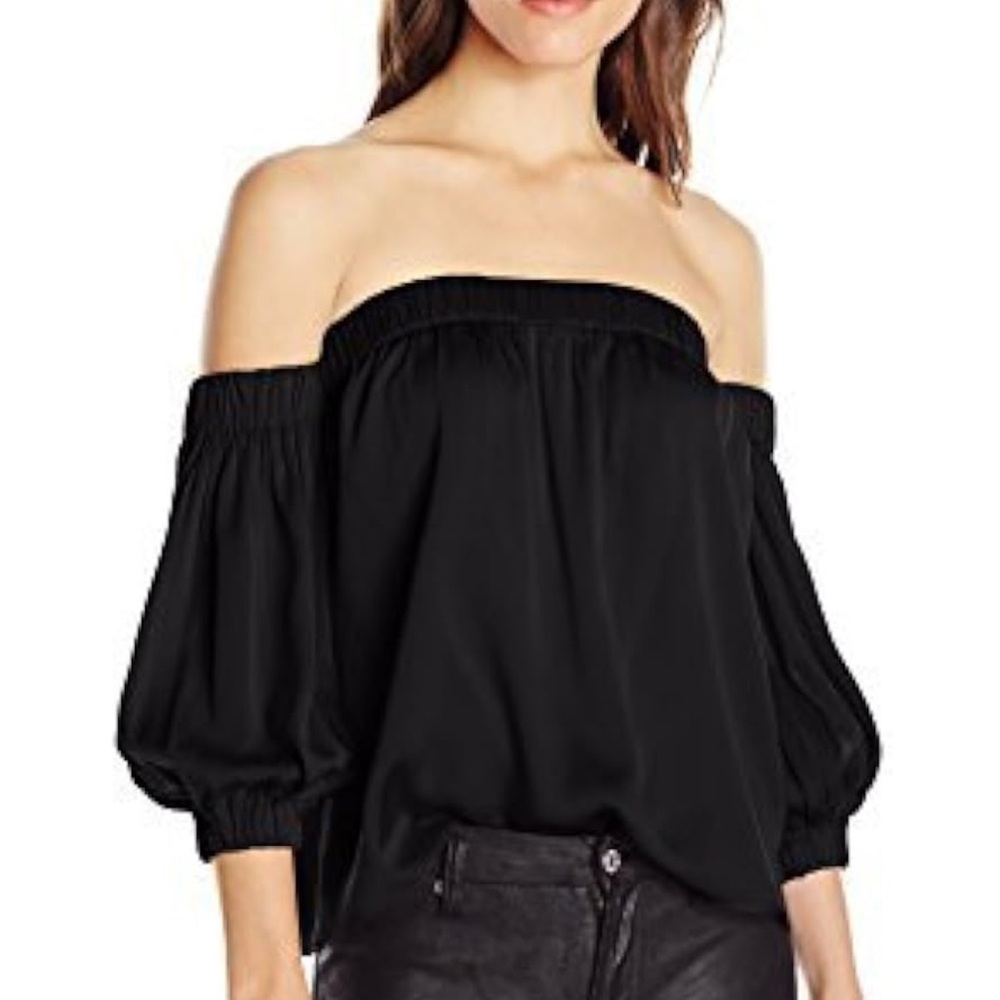 Milly Black Off-Shoulder 3/4 Sleeve Silk Blouse
